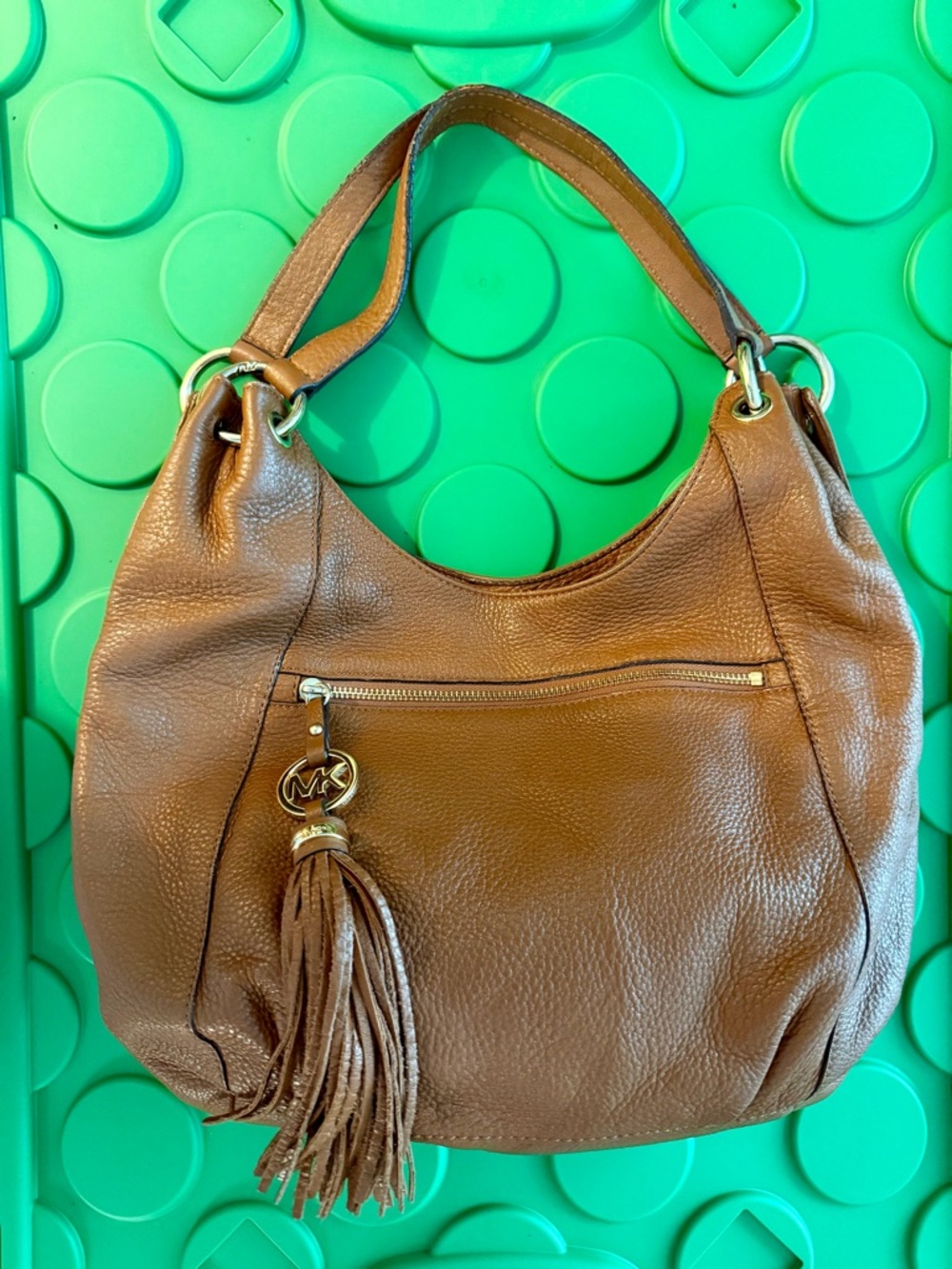 Michael Kors Tan Pebbled Leather Shoulder Hobo with Tassel Charm